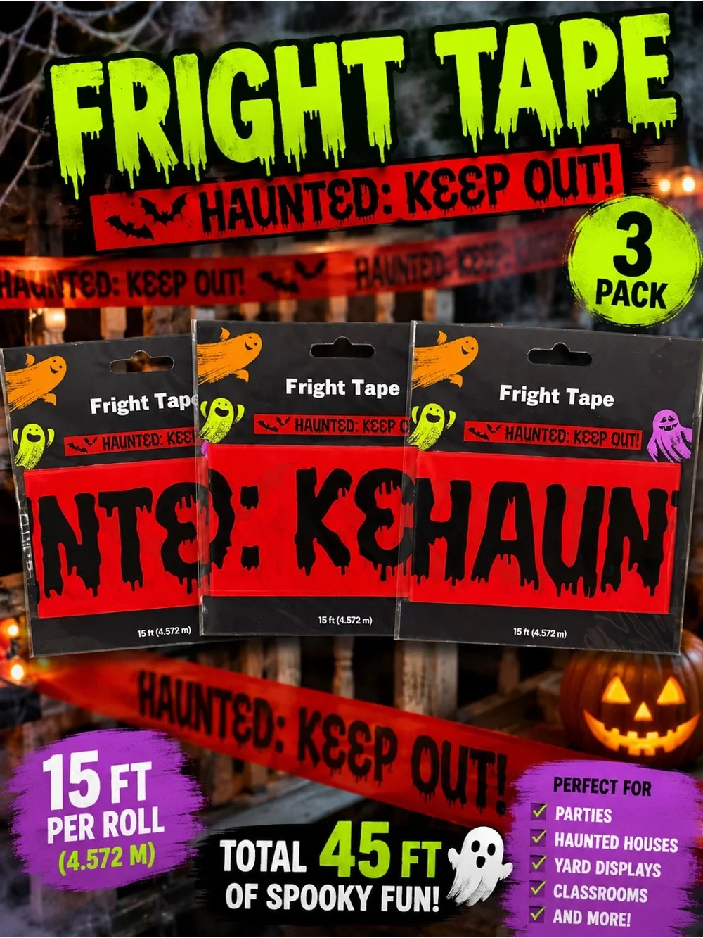 Halloween Fright Tape Haunted Keep Out Decoration 15 ft Lot of 3